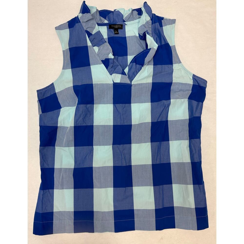 Twee Talbots Women's Ruffle Blouse Checkered Sleeveless Plaid Blue Preppy Small